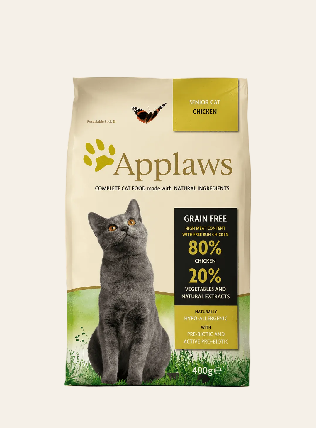 Productfoto van een zak Applaws Senior Chicken kattenvoer van 400g met kip voor oudere katten, graanvrij