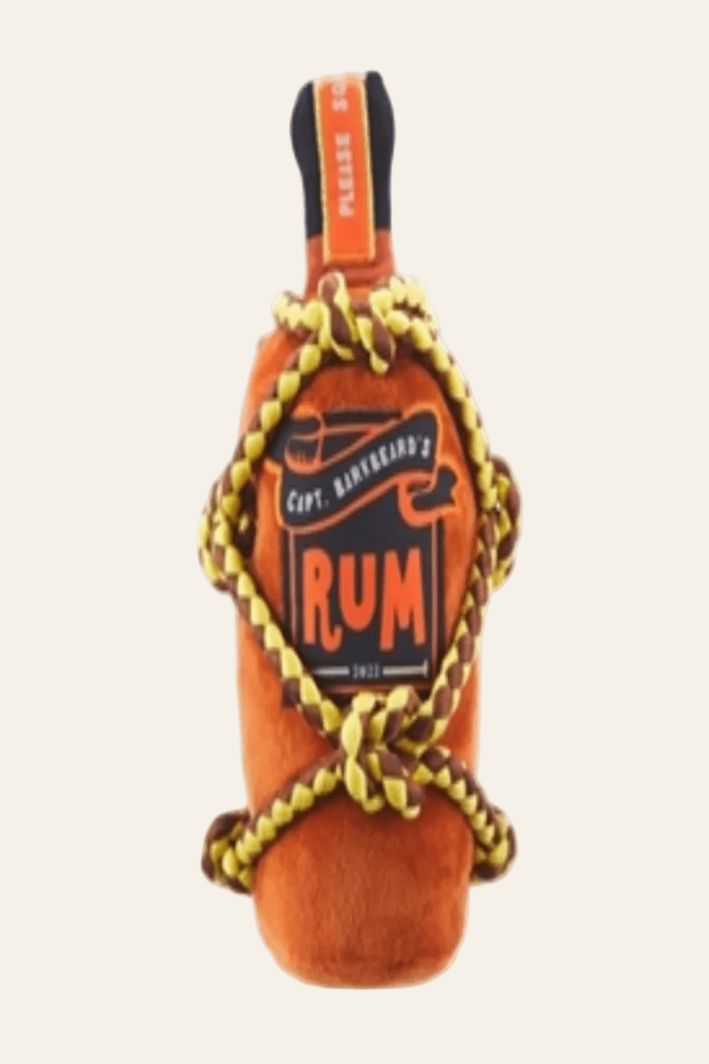 Bark Barkbeard's oranjebruine pluche rumfles voor honden met geel gevlochten trektouw en ingebouwde pieper, 28 × 65 cm.