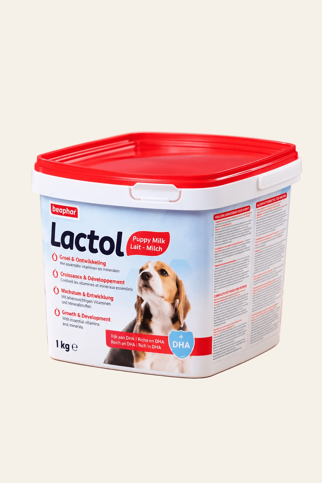 Beaphar Lactol Puppy Milk 1 kg in witte kunststof emmer met rood deksel, puppyafbeelding en DHA-vermelding op het etiket.
