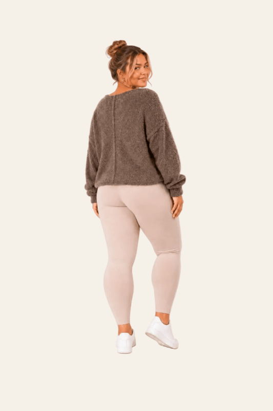 Women's bouclé sweater with round neck and decorative stitching