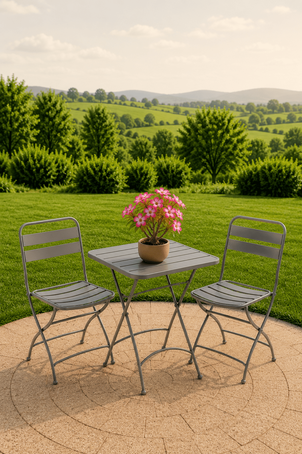 Bruine inklapbare metalen tuinbistroset met vierkante tafel twee stoelen en roze bloemen op een terras met uitzicht over een groene tuin