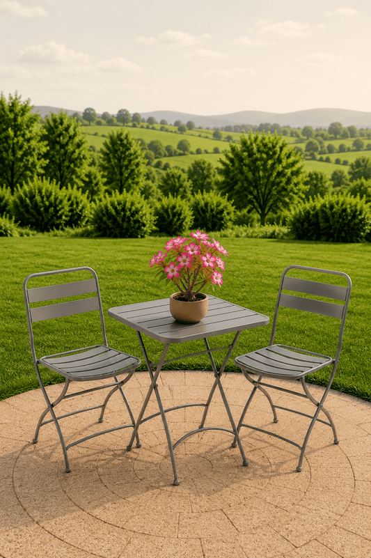 Bruine inklapbare metalen tuinbistroset met vierkante tafel twee stoelen en roze bloemen op een terras met uitzicht over een groene tuin
