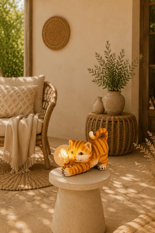 Buitenlamp van een speelse kat in solar lamp vorm op staander centraal op een terras