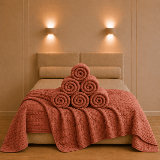 Sfeervol opgemaakt bed met de Cambra katoenen bedsprei in terracottakleur en verfijnde ton sur ton stiksels