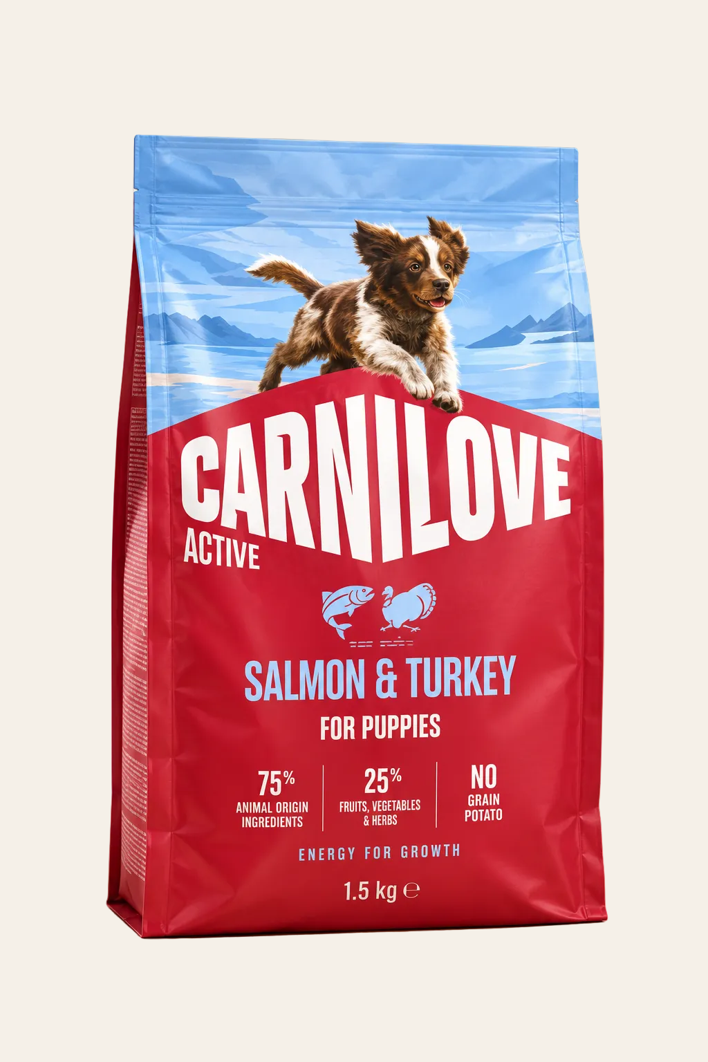 Carnilove Active Puppy hondenvoer met zalm en kalkoen voor pups van alle rassen, rood-blauwe verpakking van 1,5 kg op product achtergrond