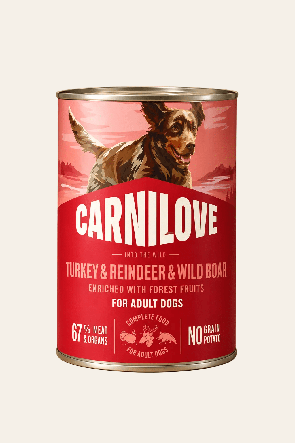 Carnilove hondenvoer in rood blik, Turkey Reindeer & Wild Boar, graanvrij natvoer voor volwassen honden, 6 x 400 g.