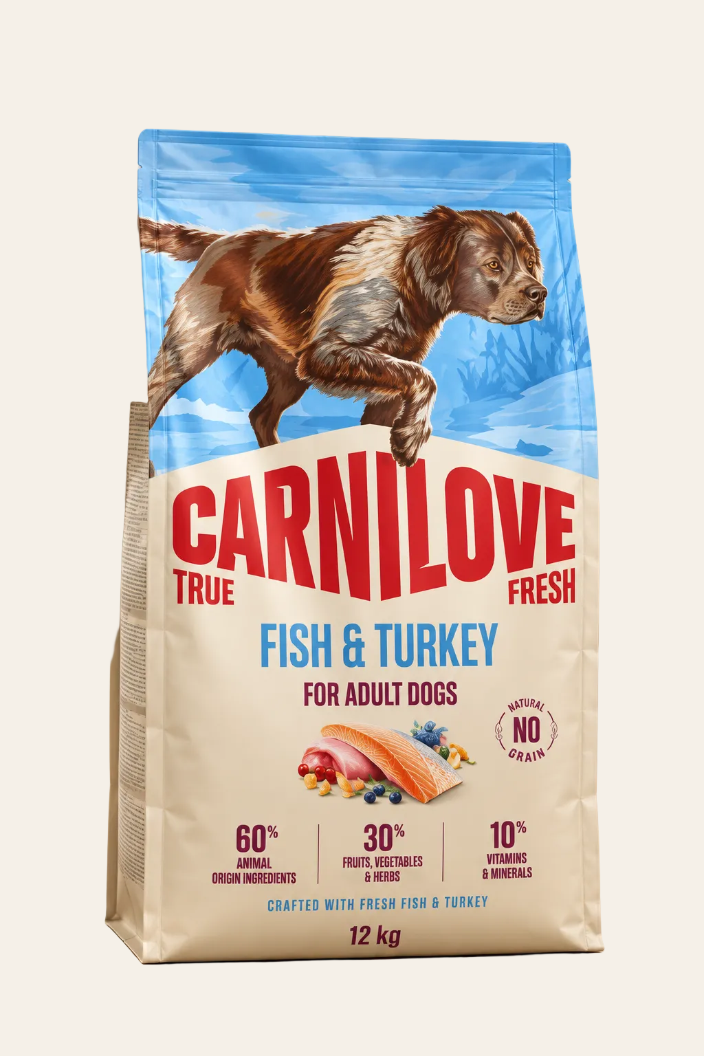Carnilove True Fresh Adult Fish & Turkey graanvrij hondenvoer voor volwassen honden in een duidelijk afgebeelde zak van 12 kg op een product achtergrond