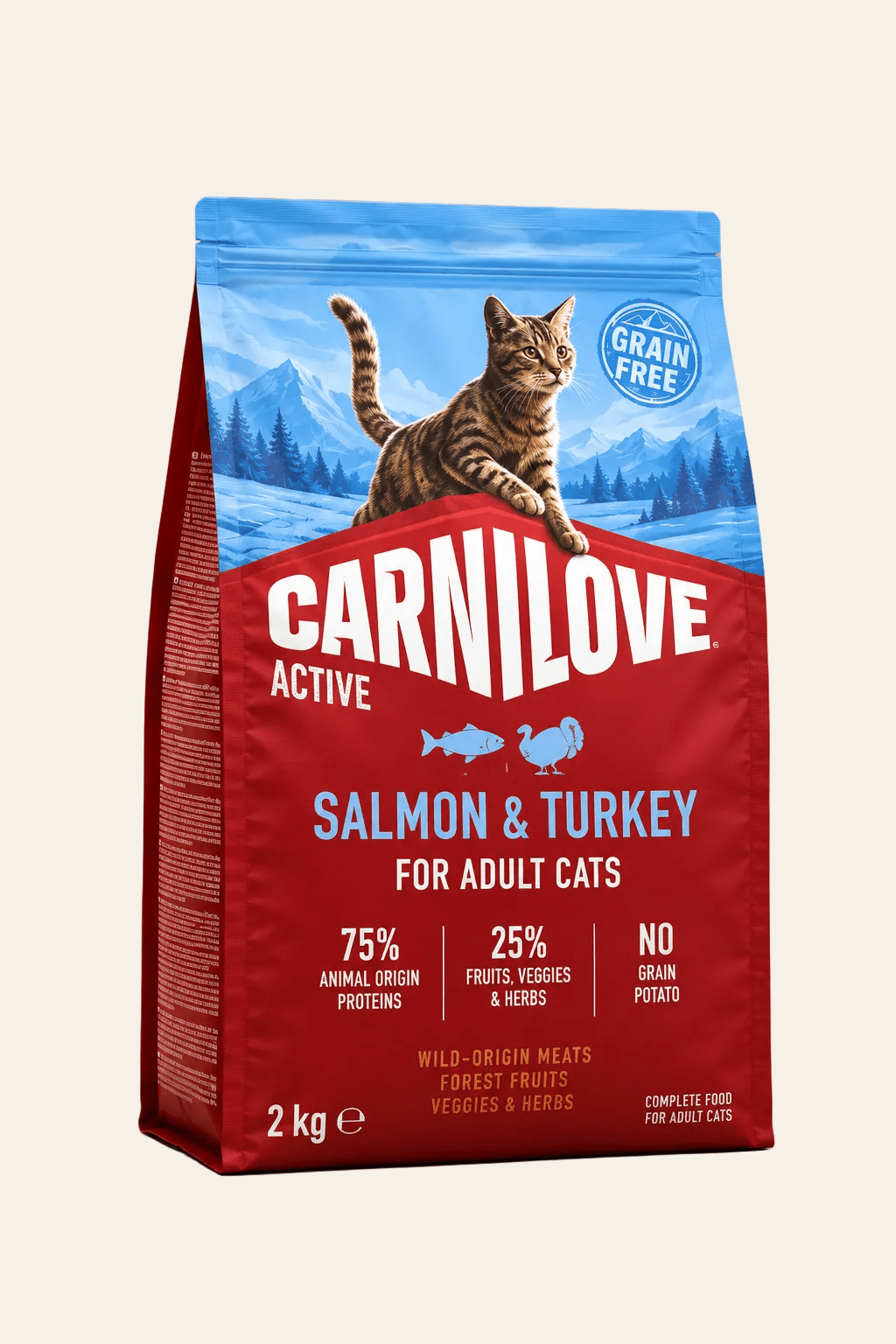 Carnilove Active Adult kattenbrokken 2 kg in blauw-rode verpakking met gestreepte kat, graanvrij droogvoer met zalm en kalkoen.