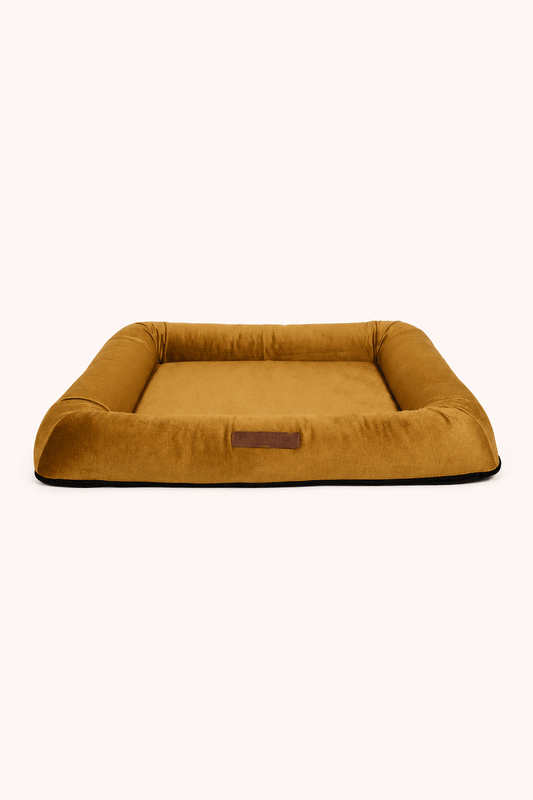 Monolith design hondenbed in goud brons kleur meubelfluweel hoogwaardige afwerking