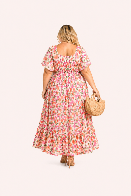Roze gebloemde maxi jurk