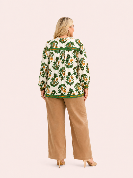 Groene gebloemde blouse met print
