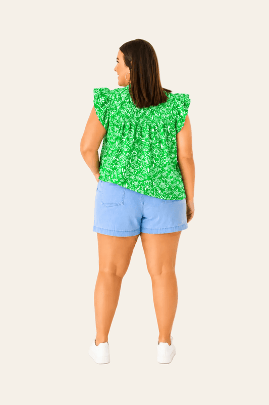 Groene gebloemde blouse met vlindermouwen