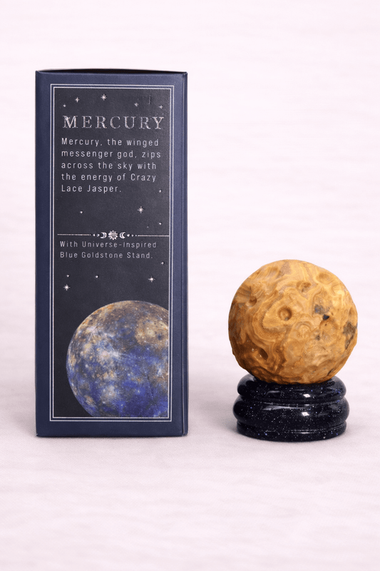 Crazy lace jaspis planeet op goudstenen standaard Mercurius