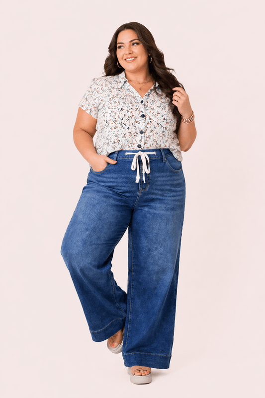 Dark Blue Acid Wash Contrast Lace-up Plus Size Jeans
