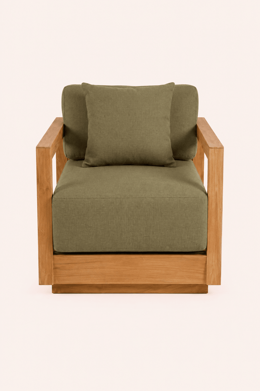 Sofá individual Umalas para exterior de madera de teca reciclada con cojines verdes