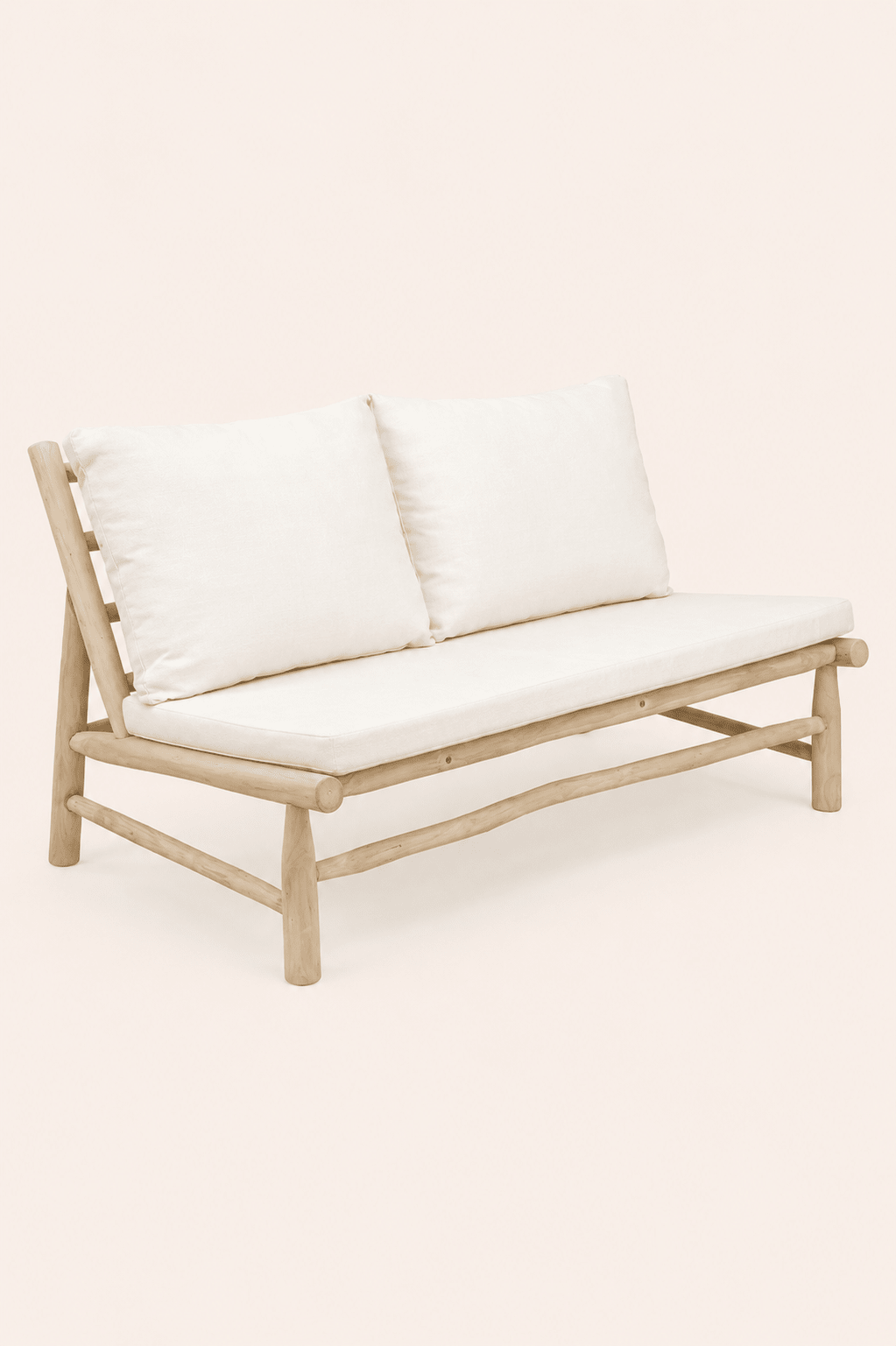 Island tweezitsbank buiten teakhout met naturel witte kussens