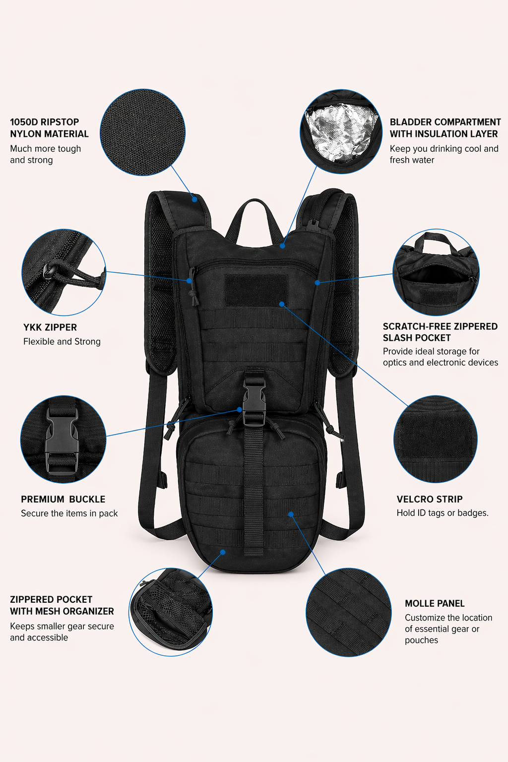 Tactical Hydration Backpack with 2.5L Bladder and Thermal Insulation
