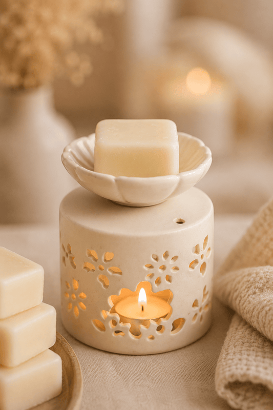 Set de regalo con aroma a té y rosas con ceras aromáticas y quemador de aceite