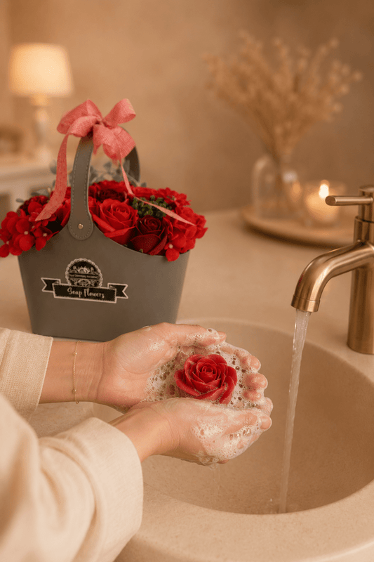 Ramo de jabones en forma de rosas rojas en cesta de mimbre