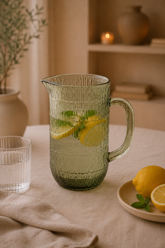 Glazen waterkan groen met rimpelpatroon