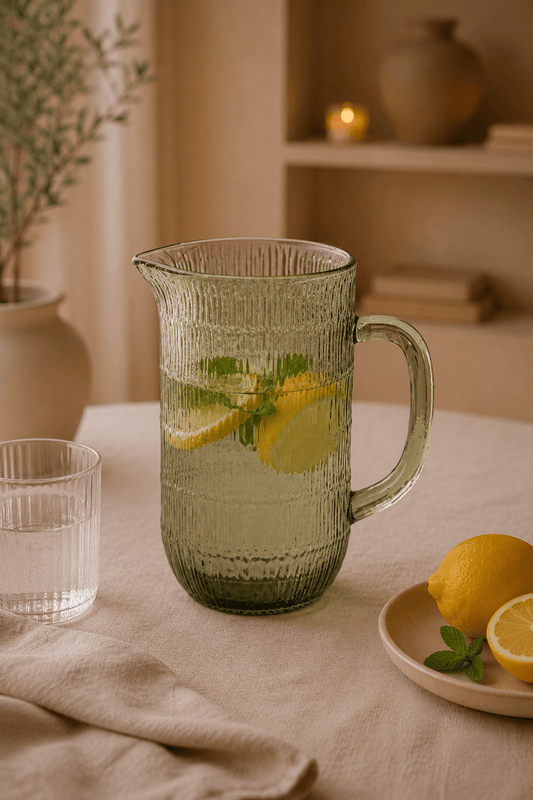 Glazen waterkan groen met rimpelpatroon