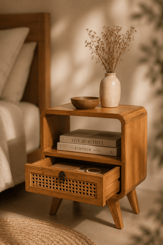 Nachtkastje naturel teak en rotan met lade