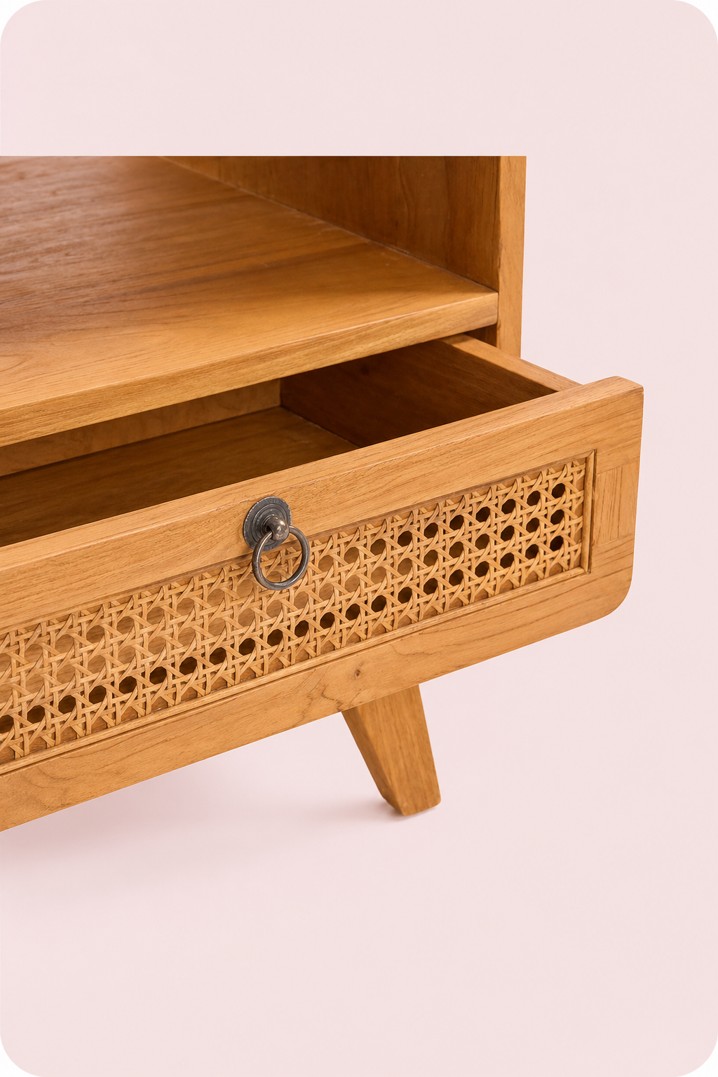 Nachtkastje naturel teak en rotan met lade