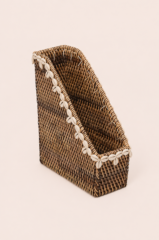 Bureauorganizer rotan met schelpenrand naturel bruin