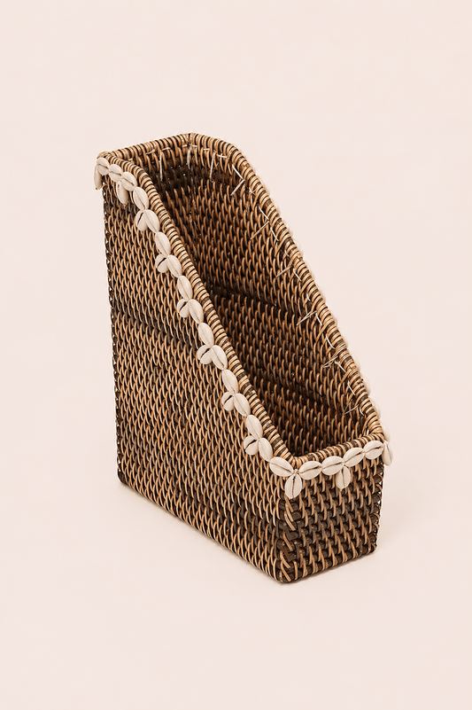 Bureauorganizer rotan met schelpenrand naturel bruin