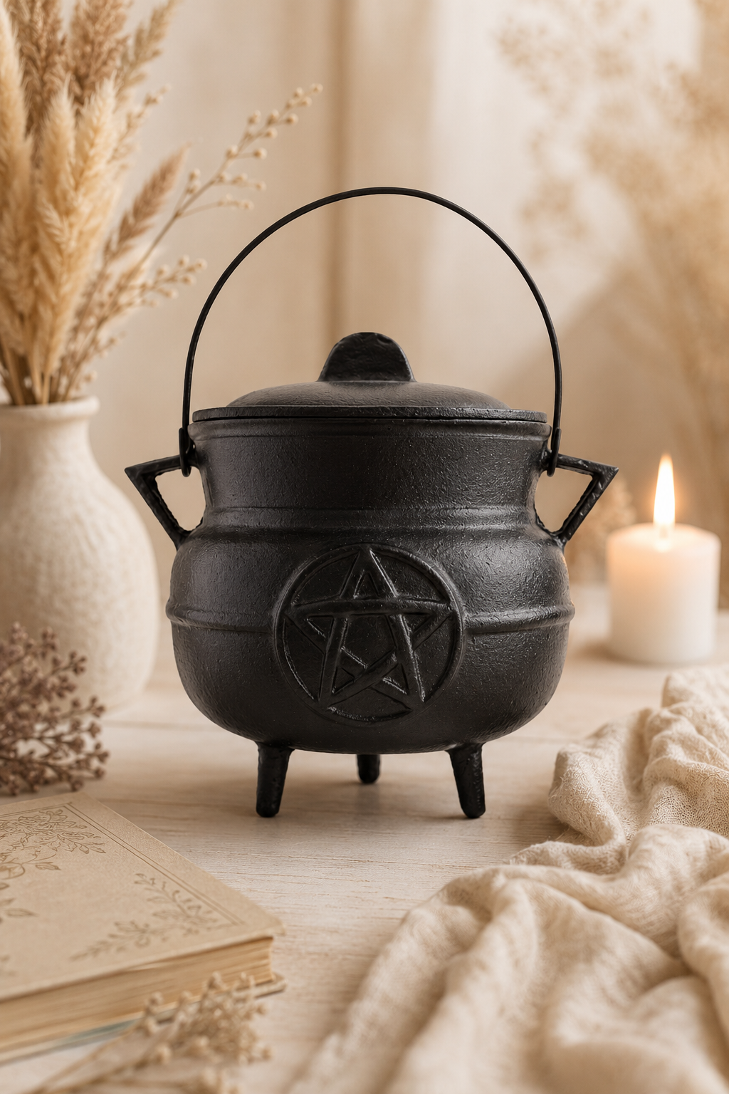 Grote gietijzeren ketel met pentagram