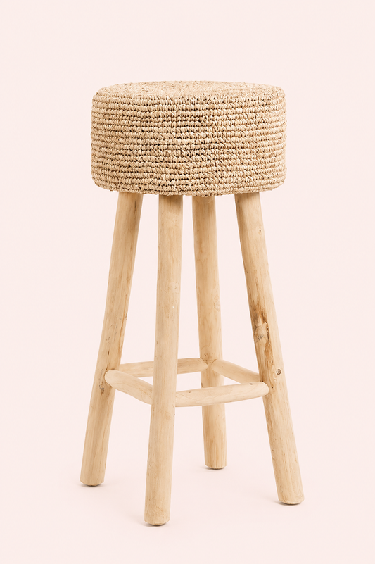 Barkruk teakhout met raffia naturel