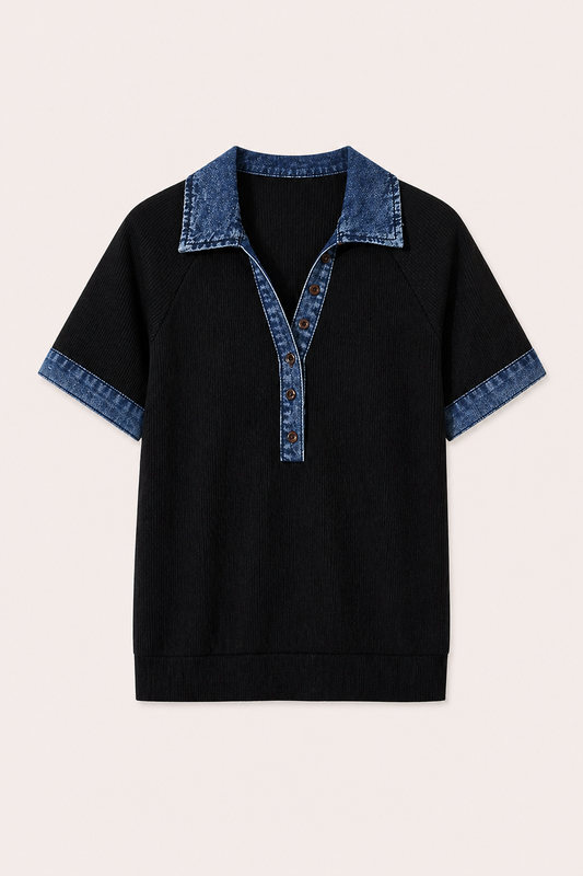 Zwarte top met denim polokraag