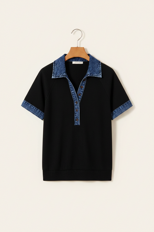 Zwarte top met denim polokraag