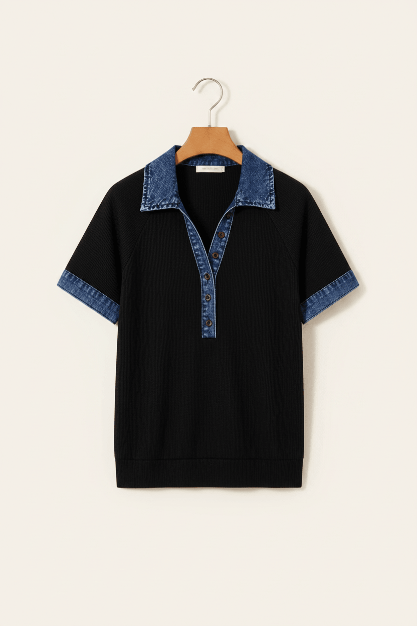 Zwarte top met denim polokraag