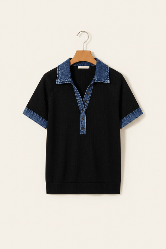Zwarte top met denim polokraag