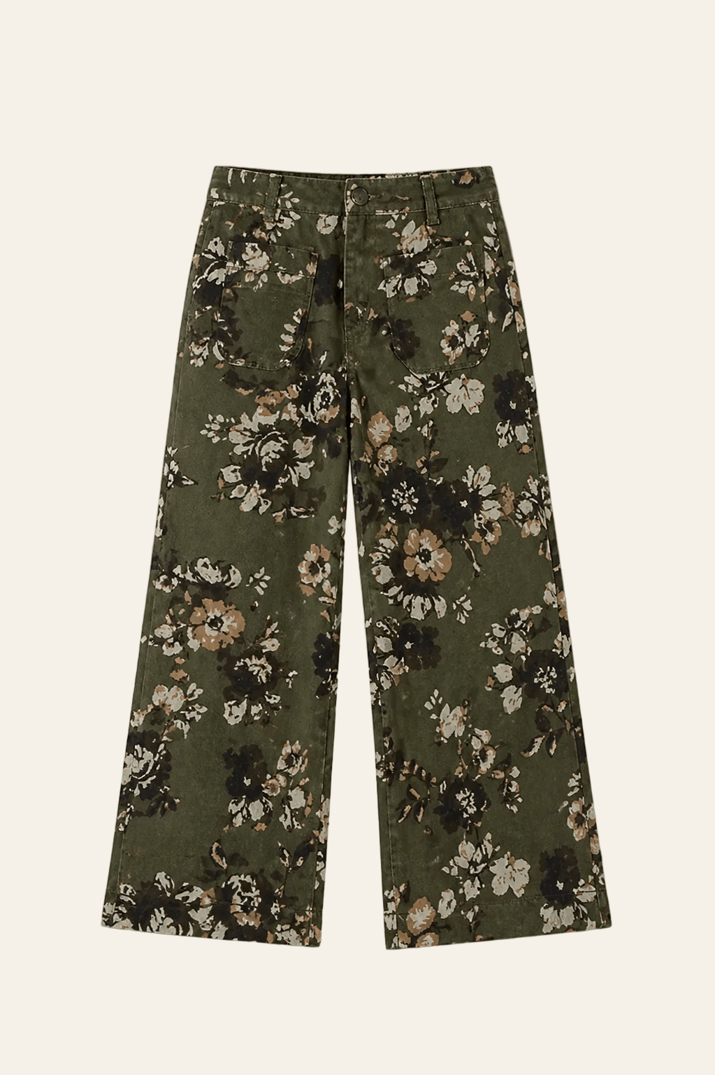 Groene denim jeans met vintage bloemenprint
