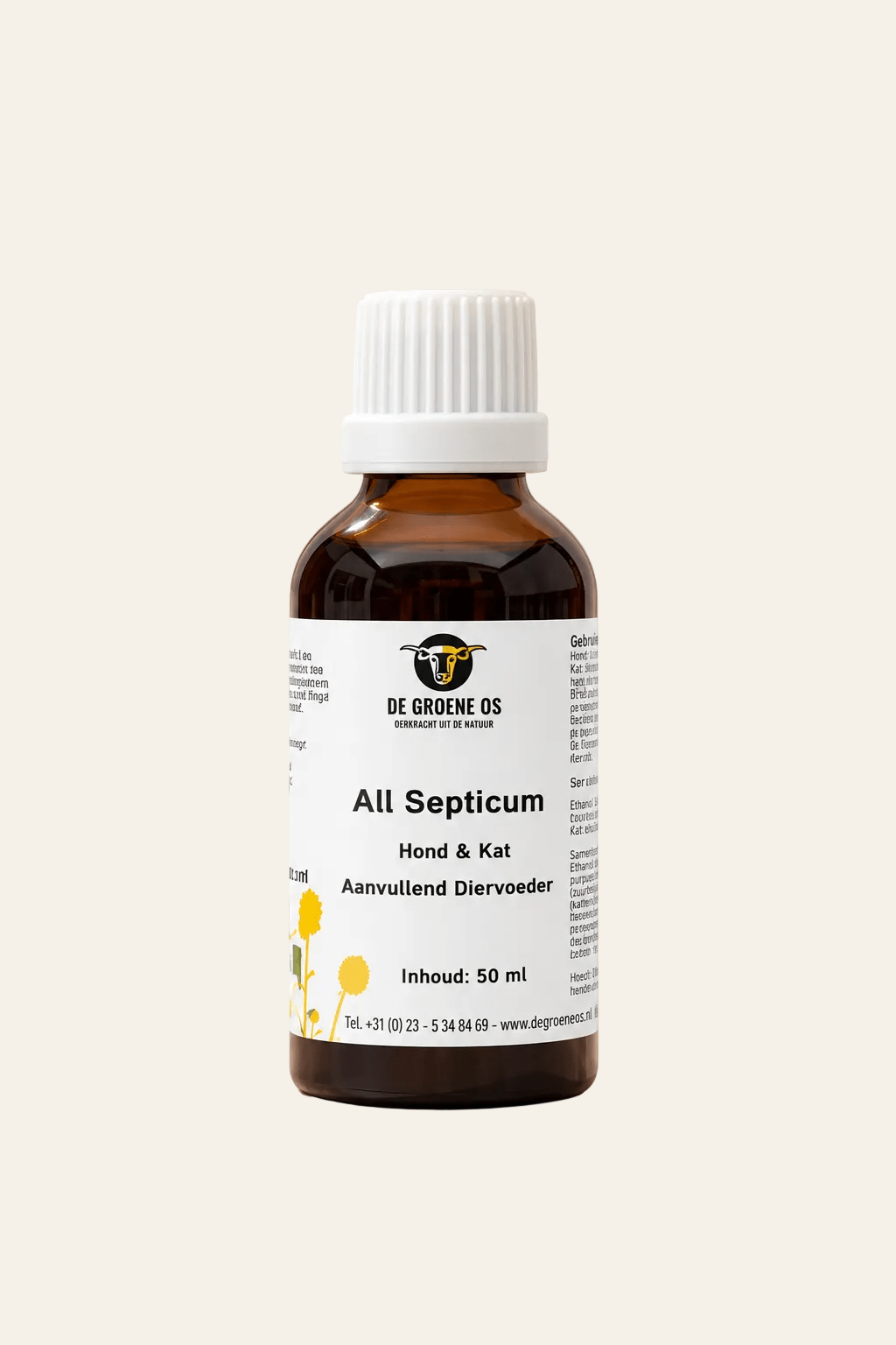 De Groene Os All Septicum aanvullend diervoeder voor hond en kat in donkerbruin glazen flesje van 50 ml met witte dop.