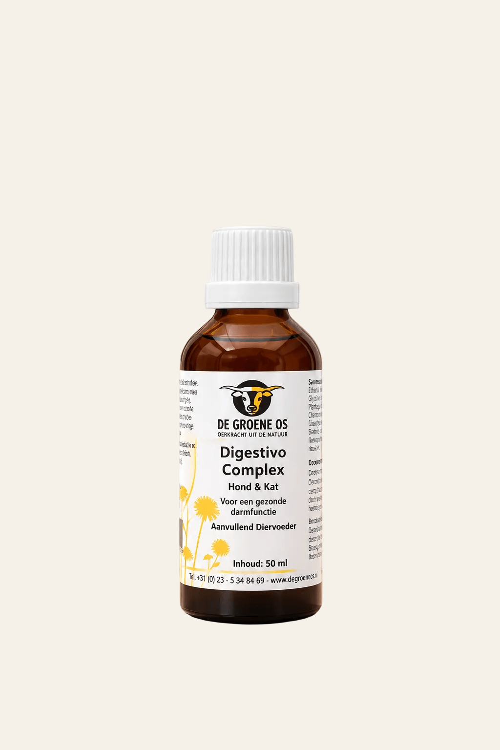 De Groene Os Digestivo Complex 50 ml voor honden en katten in donkerbruin flesje met witte geribbelde schroefdop.