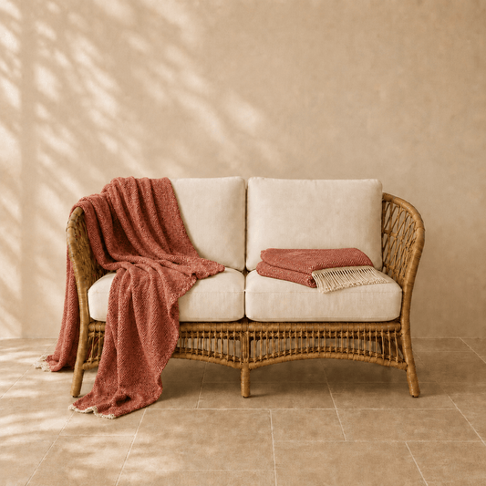 Denver wollen plaid in terrakleur 140 × 200 cm, met aandacht voor materiaal, structuur en proportie.