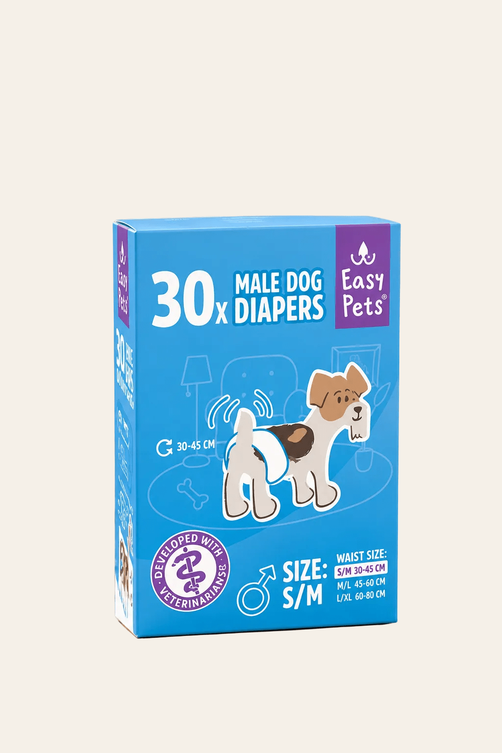 EasyPets hondenluiers voor reuen S/M in blauwe doos met afbeelding van een hond, verstelbare pasvorm en 30 stuks per verpakking.