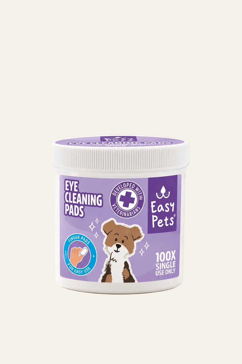 EasyPets oogreinigingspads voor honden in wit potje met paars etiket, hondenillustratie en 100 vingerpads voor eenmalig gebruik.