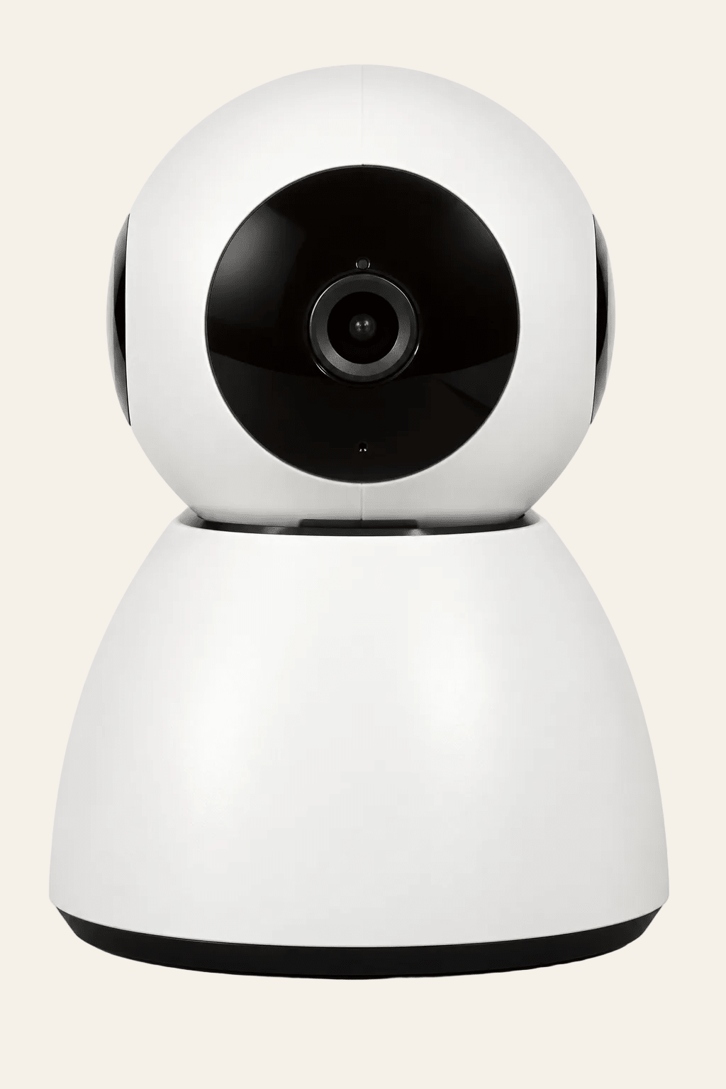 Witte Eyenimal Pet Vision Live HD huisdiercamera met zwarte cameralens, draaibare camerakop, nachtzicht en geluiddetectie.