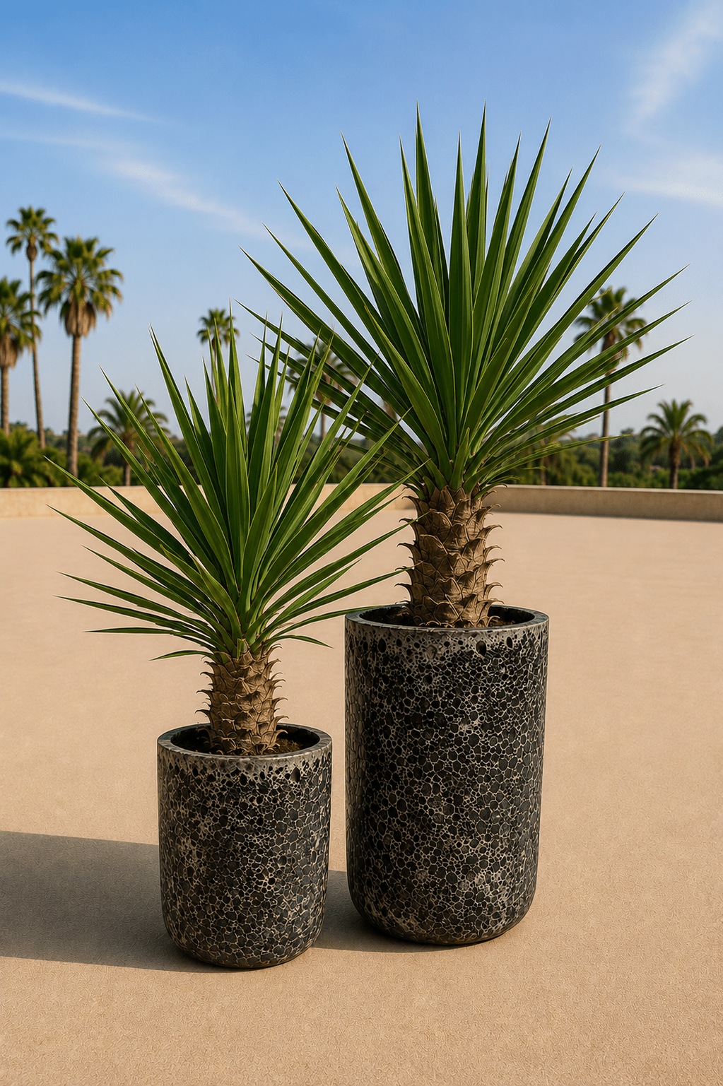 Set van twee handgemaakte Fuji plantenpotten in Relic Black met yuccaplanten op een zonnig terras met palmbomen op de achtergrond