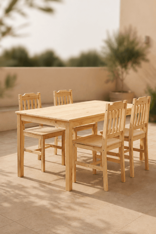 Massief grenenhouten eetgroep met rechthoekige tafel en vier stoelen vanuit de zijkant in een lichte terrasopstelling