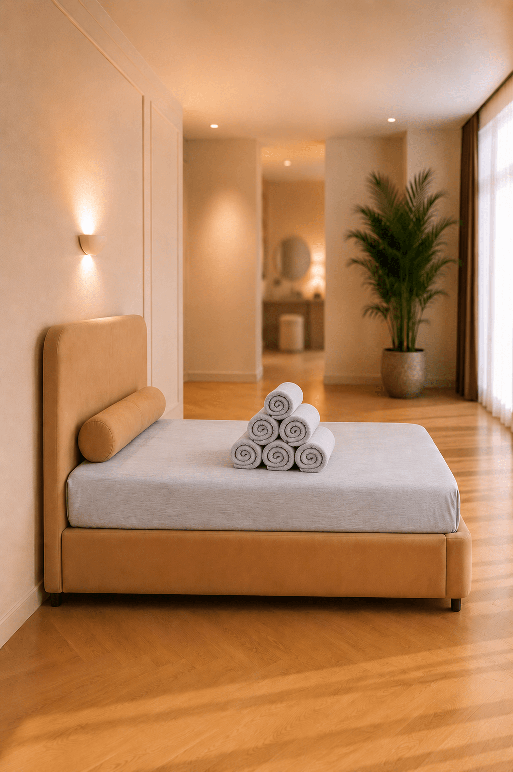 Grijs katoenen jersey hoeslaken op een extra bed, gecombineerd met een zacht decoratief kussen