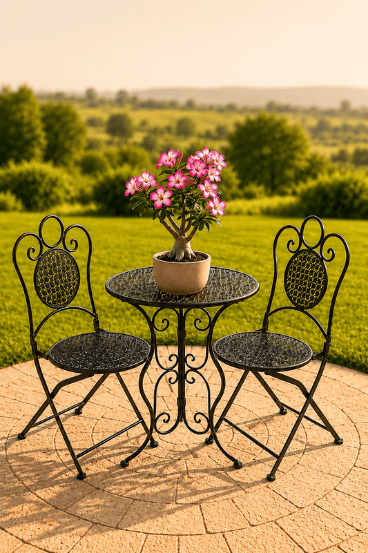 Grijze metalen tuinbistroset met ronde tafel twee hartvormige sierstoelen en roze bloemen op een terras met uitzicht over een groene tuin