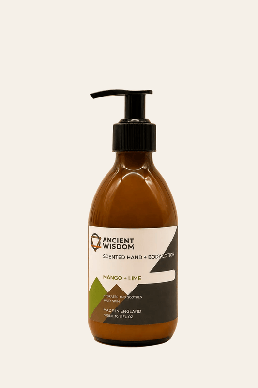 Hand en bodylotion met mango en limoen 300ml in een transparante fles met zwarte handpomp als productfoto