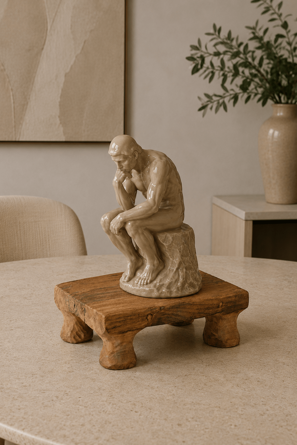 Handgemaakt teakhouten massief dienblad op pootjes op huiskamer tafel met sculptuur 30x20x10cm