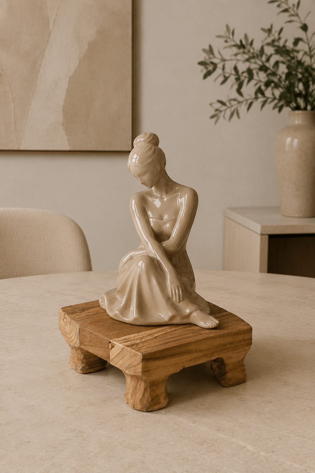 Teakhouten massief dienblad op pootjes op beige tafel met sculptuur