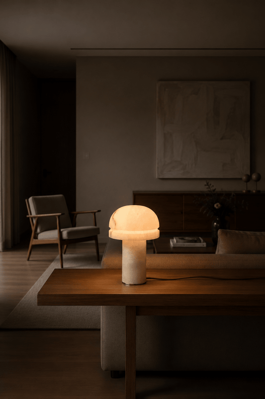 Handgemaakte Italiaanse albast tafellamp in natuursteen "Leonardo" oplichtend op de tefel van een gezellige woonkamer